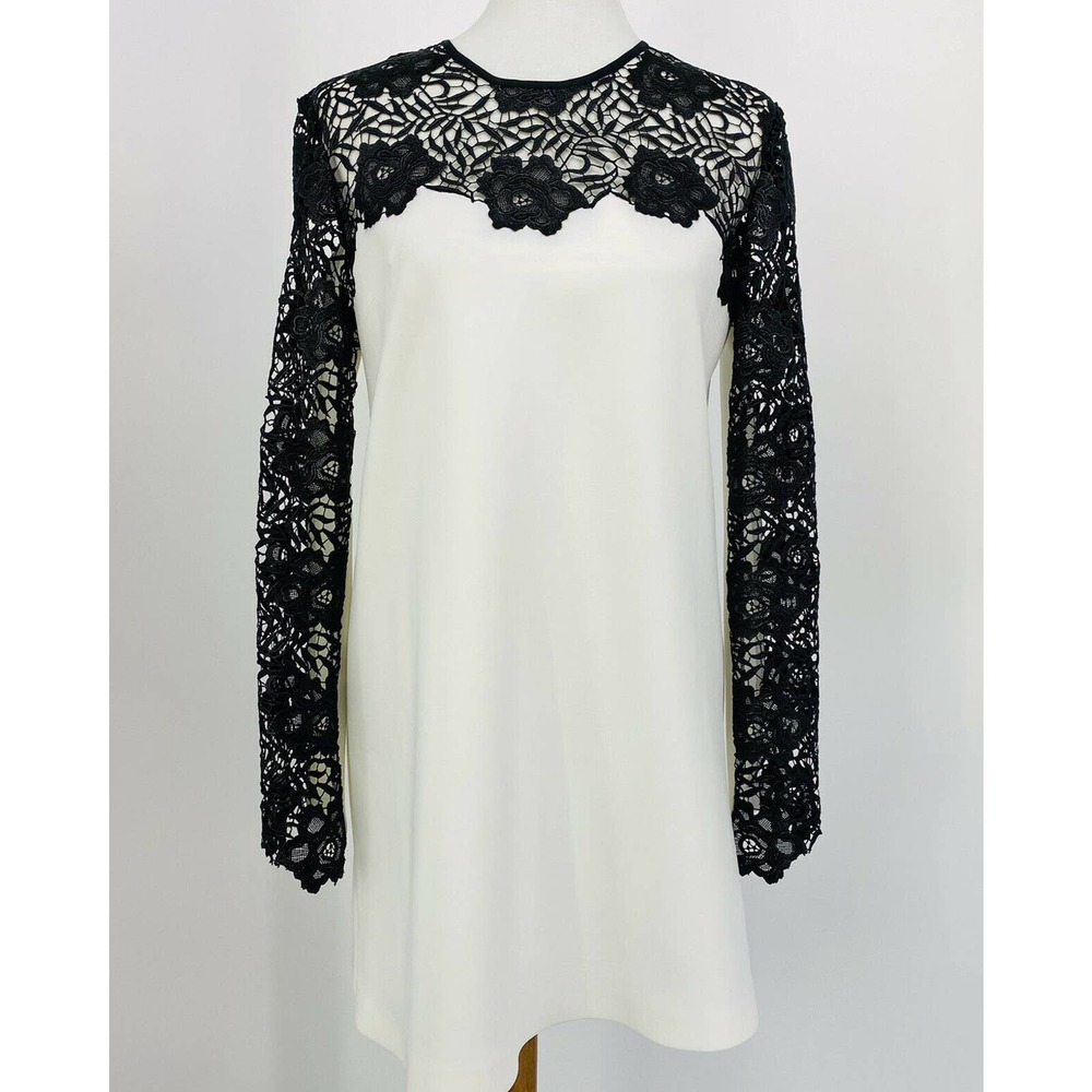 Clover Canyon Black White Color Block Lace Yoke Mini Dress Long Sleeve M Neopren